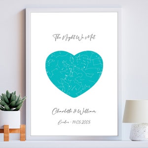Teal Night Sky Heart Star Map Print - romantisch und personalisiert für Valentinstag, Jubiläen, Geburtstage, Hochzeit