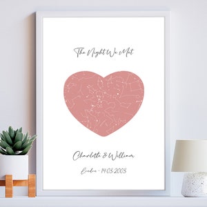Personalisierte Sternenkarte Blush Heart Night Sky Print für Sie - Perfektes Valentinstagsgeschenk, Jubiläumsgeschenk, Geburtstagsgeschenk