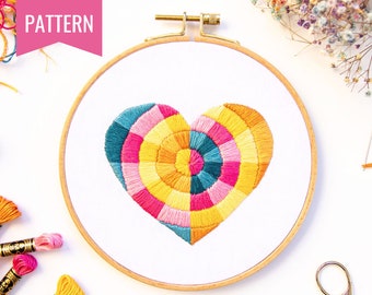 PDF + video tutorial "Joyful Heart" pattern, beginner embroidery PDF pattern, Heart embroidery designs, Modern Embroidery, rainbow pattern