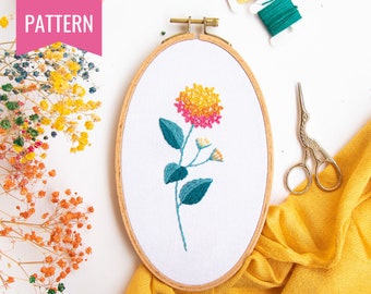 PDF pattern + video tutorial " Magical Lantana ", beginner embroidery PDF pattern, botanical embroidery designs, Modern Embroidery.
