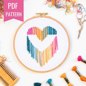 PDF pattern + video tutorial “Vibrant Heart”, beginner embroidery PDF pattern, flower embroidery designs, colorful embroidery pattern