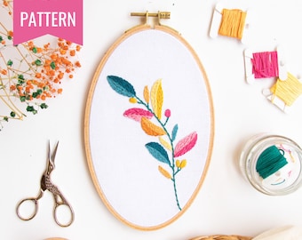 Modern Embroidery PDF pattern + video tutorial " Colorful Fantasy Branch ", beginner embroidery PDF pattern, botanical embroidery designs