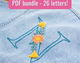 Digital PDF "Blooming Letters" Embroidery Pattern  BUNDLE, advanced colorful embroidery, 26 letters floral embroidery, Digital Download