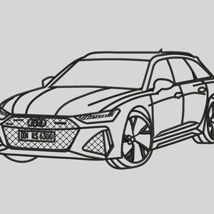 Könnte beinhalten: Eine Schwarzweiß-Zeichnung eines Audi RS 6 Avant. Das Auto hat ein Nummernschild mit der Aufschrift "IN RS 6300".