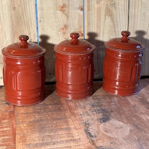 French Enamel Kitchen Storage Tins - Brown - Patina - Set of Three