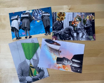 Könnte beinhalten: Vier Collage-Kunstwerke mit verschiedenen Themen. Das erste Stück zeigt drei Personen mit Hüten, die auf einem blau-weiß gemusterten Hintergrund laufen. Das zweite Stück zeigt ein brennendes Boot mit einem Mann in einem Zylinder und Anzug. Das dritte Stück zeigt ein grün-weiß gestreiftes Objekt mit einem Mann im Anzug und Krawatte. Das vierte Stück zeigt eine Gruppe von Menschen in einer Gartenlandschaft.
