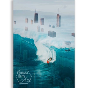 Cartão pequeno - Surfando em uma onda em uma Chicago inundada