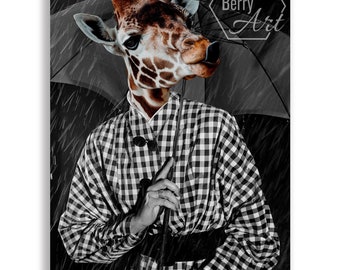 Small Greeting Card - Giraffe with an Umbrella in the Rain