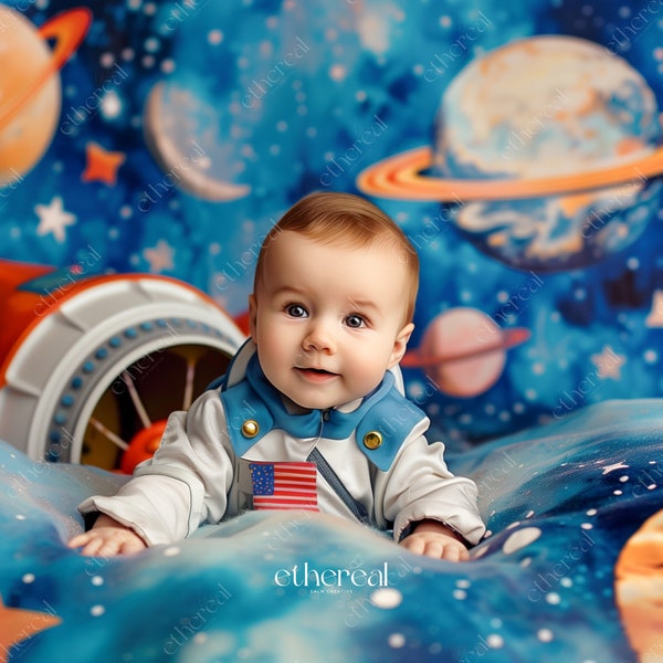 First Birthday Outer Space Digital Backdrop | Solar System & Galaxy Party Theme | Editable Photography Background | EtherealCalmCreative