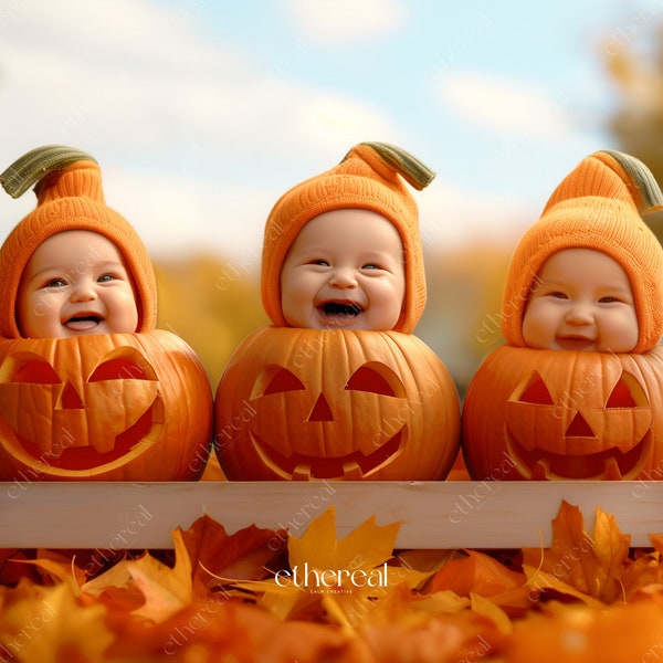 Cute Baby Halloween Pumpkin Carving Digital Backdrop | Fall Leaves & Thanksgiving Decor | Autumn Portrait Photography | EtherealCalmCreative