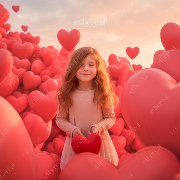 Romantic Sunset Valentines Hearts Digital Backdrop | Valentine Balloons Background for Kids Photography