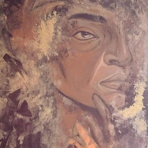 May include: An oil painting on canvas depicting a portrait of a person with a hand resting near their chin. The artwork features a textured, layered application of paint in shades of brown, tan, cream, and dark purple, creating a hazy effect.