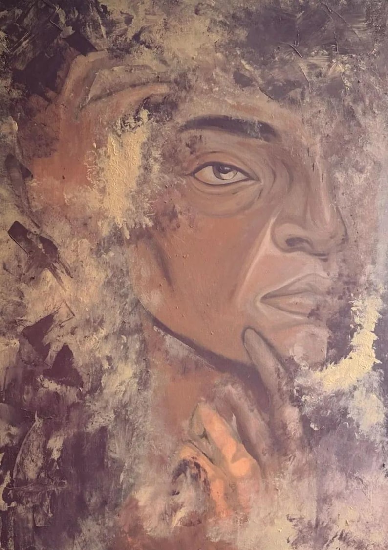 May include: An oil painting on canvas depicting a portrait of a person with a hand resting near their chin. The artwork features a textured, layered application of paint in shades of brown, tan, cream, and dark purple, creating a hazy effect.