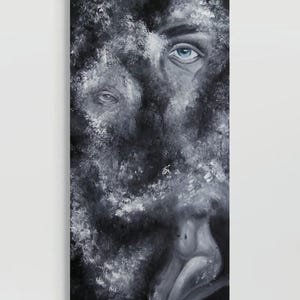May include: A vertical rectangular painting in black, white, and gray tones featuring a large, detailed human eye with a bright blue iris. The eye is surrounded by textured, cloud-like brushstrokes, with a small, indistinct human figure.