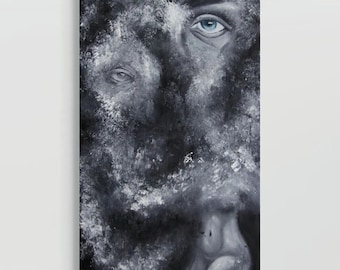 May include: A vertical rectangular painting in black, white, and gray tones featuring a large, detailed human eye with a bright blue iris. The eye is surrounded by textured, cloud-like brushstrokes, with a small, indistinct human figure.