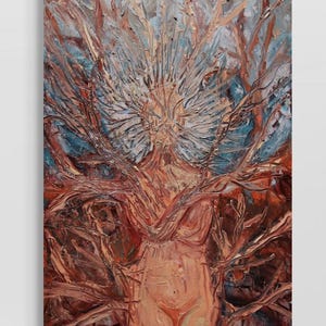 May include: An oil painting on canvas featuring a central human figure with a sunburst head, surrounded by thick, textured brown branches. The color palette includes deep reds, earthy browns, and muted blue tones with heavy impasto brushstrokes.