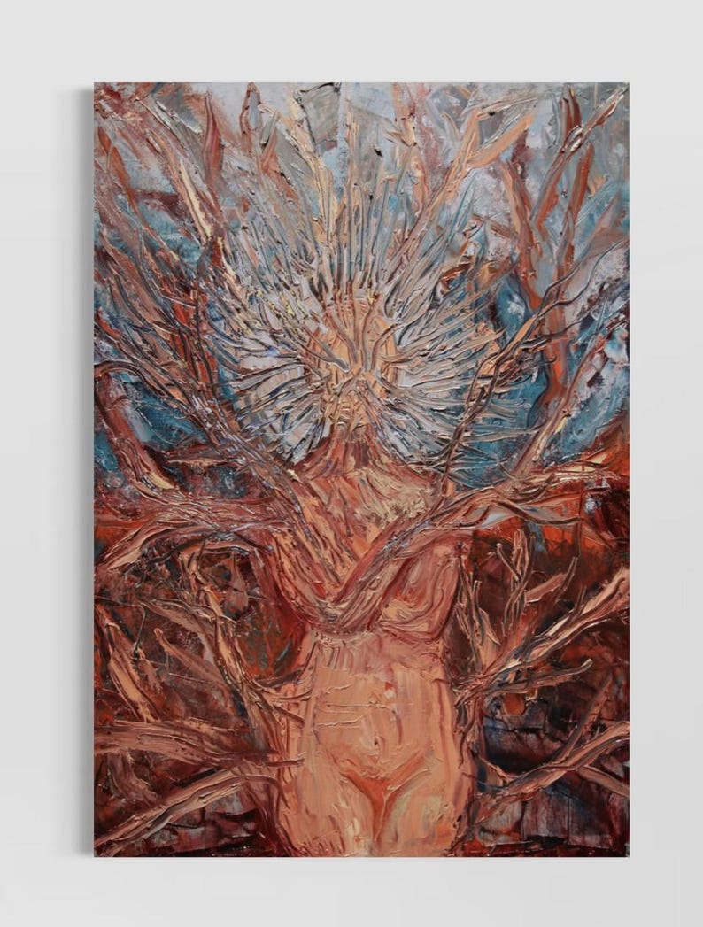May include: An oil painting on canvas featuring a central human figure with a sunburst head, surrounded by thick, textured brown branches. The color palette includes deep reds, earthy browns, and muted blue tones with heavy impasto brushstrokes.