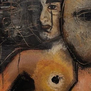 May include: An oil painting on canvas featuring a central figure with a textured, golden-toned face and a dark, layered background. The figure has a prominent, circular, dark-centered mark on the chest and is depicted with multiple overlapping facial outlines in white lines.