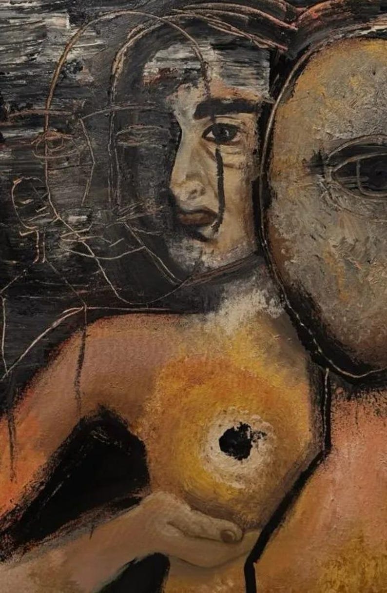 May include: An oil painting on canvas featuring a central figure with a textured, golden-toned face and a dark, layered background. The figure has a prominent, circular, dark-centered mark on the chest and is depicted with multiple overlapping facial outlines in white lines.