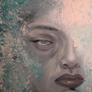 May include: An oil painting on canvas depicting a human face in shades of gray, surrounded by textured, abstract splashes of teal and pale pink paint. The portrait features detailed eyes, a nose, and dark lips, with the paint blending into the edges.