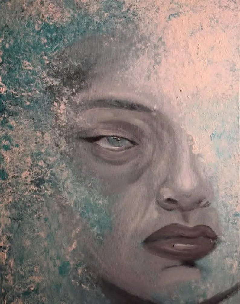 May include: An oil painting on canvas depicting a human face in shades of gray, surrounded by textured, abstract splashes of teal and pale pink paint. The portrait features detailed eyes, a nose, and dark lips, with the paint blending into the edges.