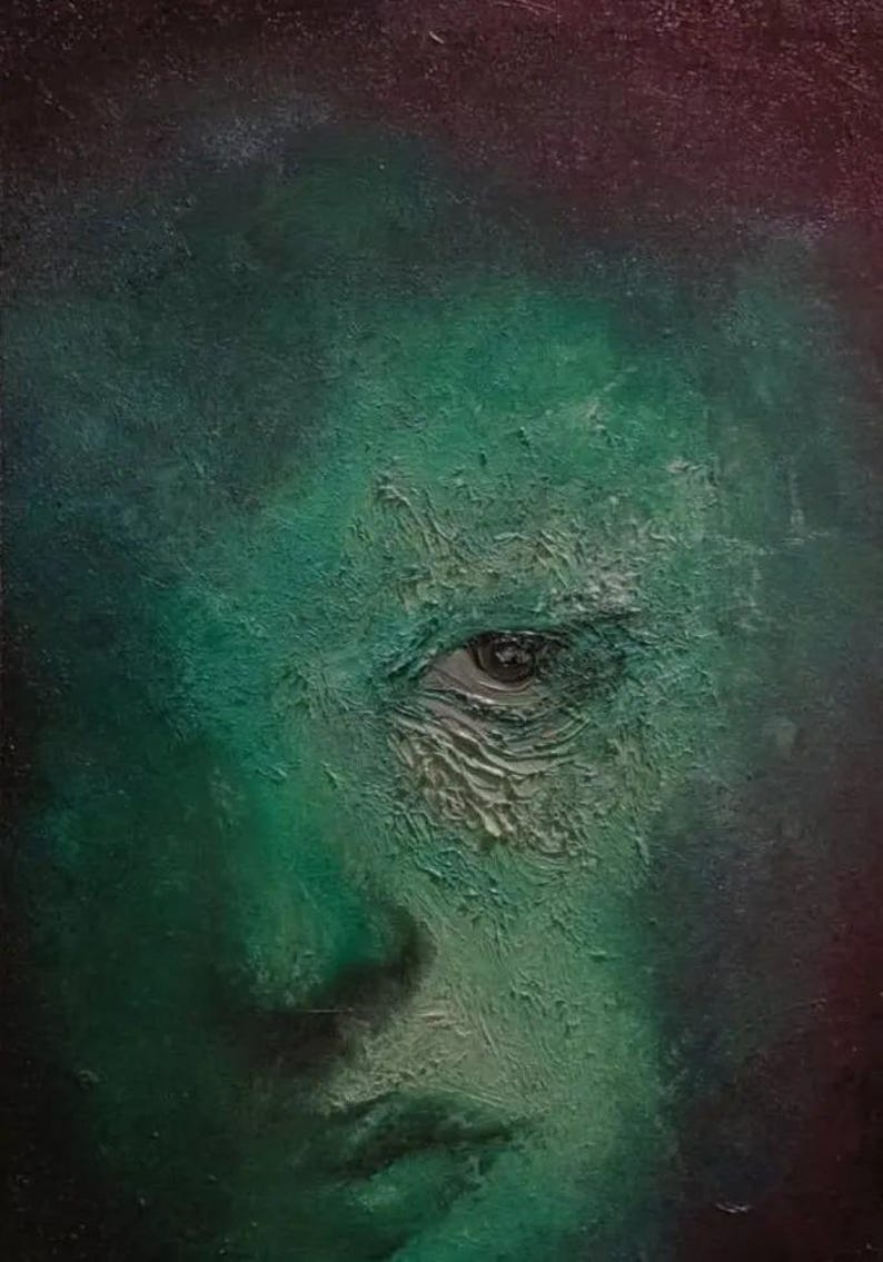 Puede incluir: Una pintura al &oacute;leo sobre lienzo que muestra un primer plano de un rostro humano en tonos verde esmeralda y bosque. La textura es espesa y empastada, con pinceladas visibles alrededor del ojo y la nariz sobre un fondo oscuro.