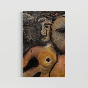 May include: An oil painting on canvas featuring a layered portrait of a figure with a dark, textured background. The composition includes a prominent mask-like shape, a central glowing orange circular element, and visible brushstrokes in black, brown, and gold tones.