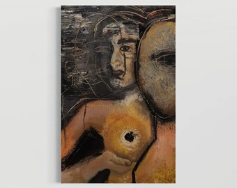 May include: An oil painting on canvas featuring a layered portrait of a figure with a dark, textured background. The composition includes a prominent mask-like shape, a central glowing orange circular element, and visible brushstrokes in black, brown, and gold tones.