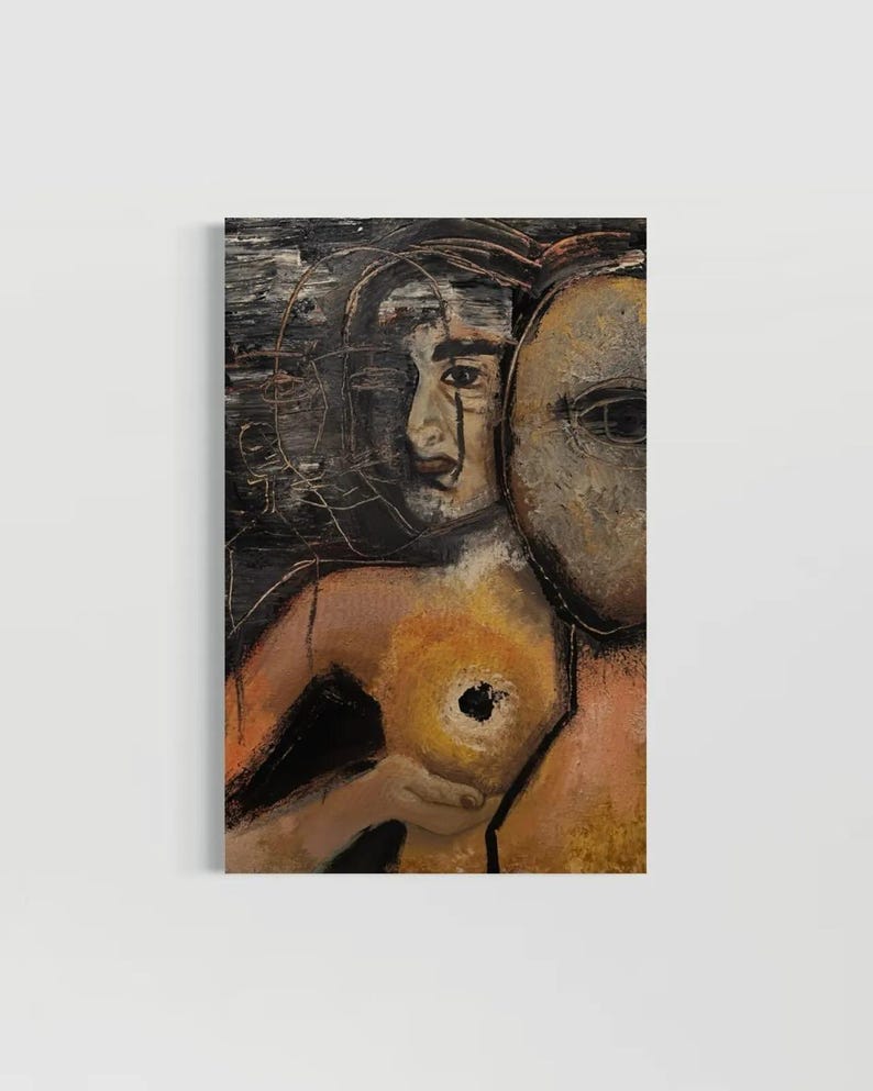 May include: An oil painting on canvas featuring a layered portrait of a figure with a dark, textured background. The composition includes a prominent mask-like shape, a central glowing orange circular element, and visible brushstrokes in black, brown, and gold tones.