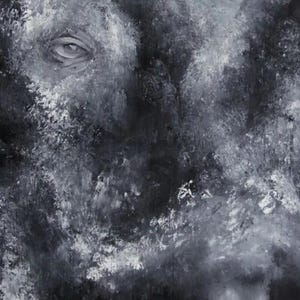 Puede incluir: Una pintura al &oacute;leo sobre lienzo con un fondo monocrom&aacute;tico oscuro y texturizado de pinceladas blancas y negras. Se aprecian dos ojos humanos, uno de ellos con un iris azul brillante, que emergen de las capas de pintura abstracta y nublada.