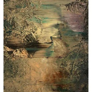 May include: An abstract oil painting on canvas featuring thick, textured impasto brushstrokes in shades of beige, brown, muted green, and deep purple. The composition includes dark, organic shapes at the edges and the text Merve Heper @mervexheper.