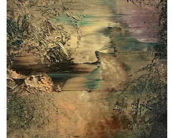 May include: An abstract oil painting on canvas featuring thick, textured impasto brushstrokes in shades of beige, brown, muted green, and deep purple. The composition includes dark, organic shapes at the edges and the text Merve Heper @mervexheper.
