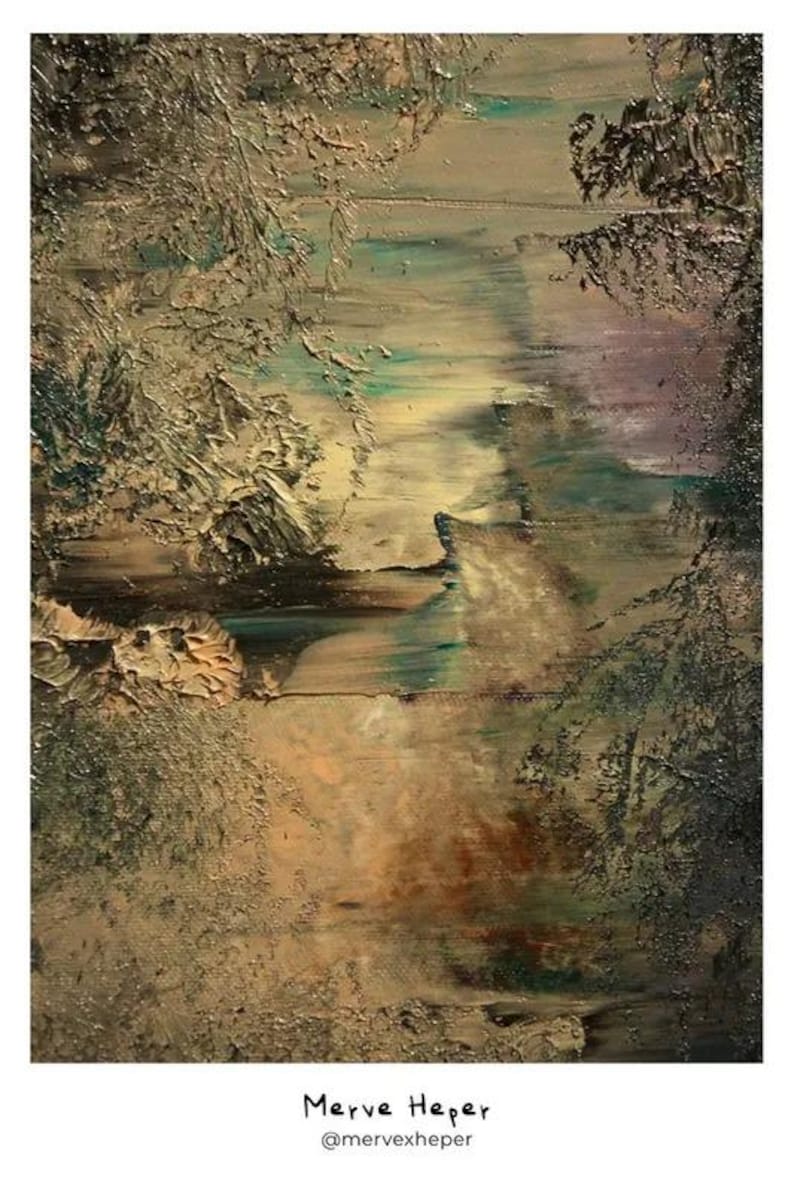 May include: An abstract oil painting on canvas featuring thick, textured impasto brushstrokes in shades of beige, brown, muted green, and deep purple. The composition includes dark, organic shapes at the edges and the text Merve Heper @mervexheper.