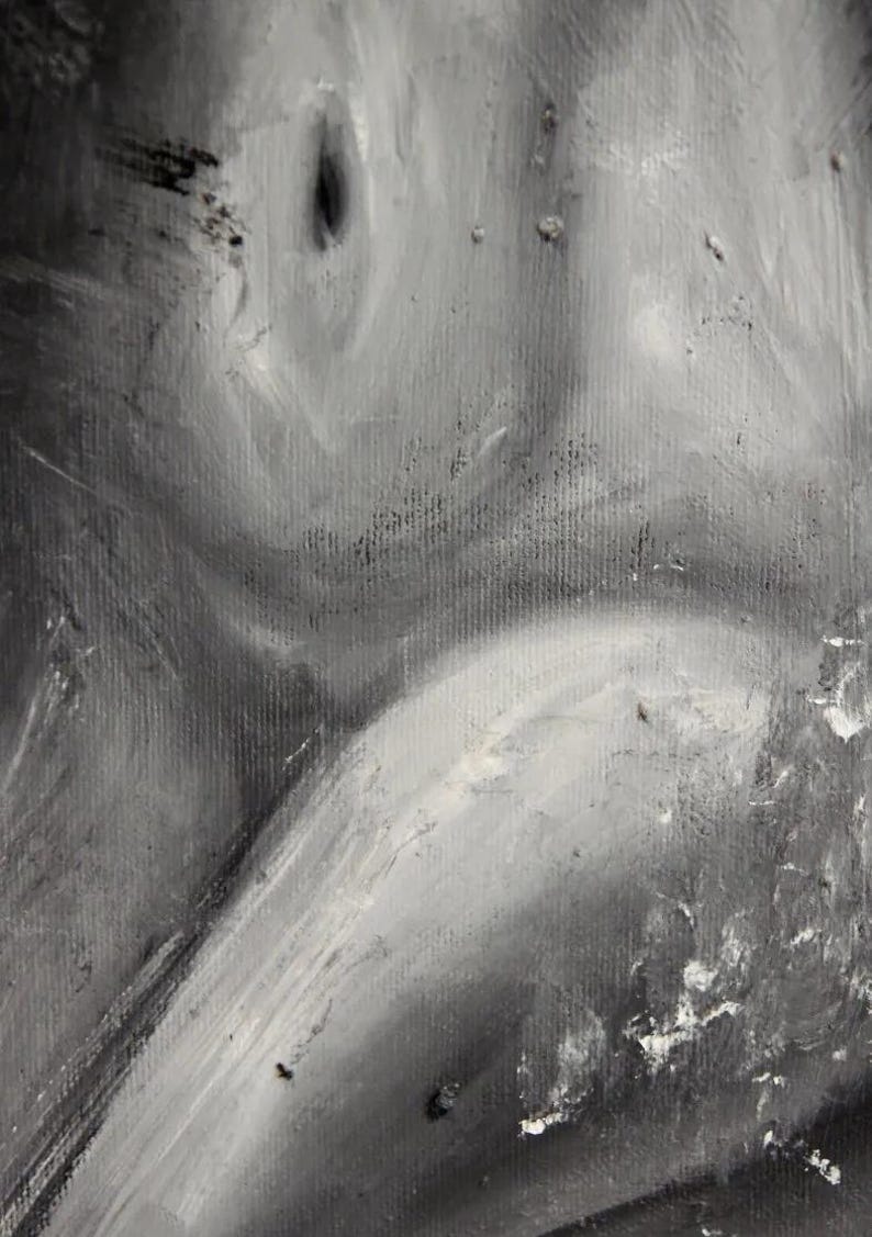 Puede incluir: Una pintura al &oacute;leo abstracta sobre lienzo con una paleta monocrom&aacute;tica de tonos negros, blancos y grises. La composici&oacute;n muestra pinceladas gruesas y visibles y texturas de pintura en capas que crean una sensaci&oacute;n de profundidad y movimiento.