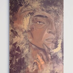 May include: A rectangular canvas painting featuring a portrait of a person with a hand near their chin. The artwork uses a palette of deep brown, tan, and metallic gold tones with textured, layered brushstrokes obscuring parts of the face.