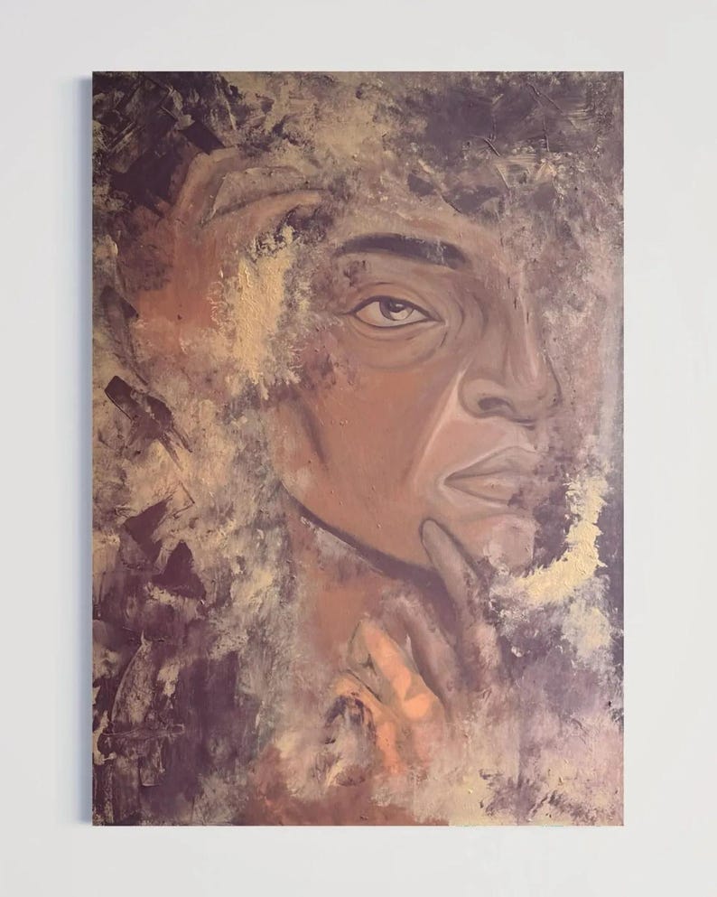 May include: A rectangular canvas painting featuring a portrait of a person with a hand near their chin. The artwork uses a palette of deep brown, tan, and metallic gold tones with textured, layered brushstrokes obscuring parts of the face.