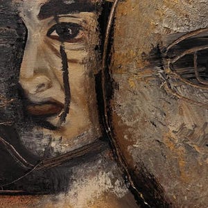 May include: An oil painting on canvas featuring a human face partially obscured by a large, textured circular mask. The color palette consists of deep blacks, earthy browns, and metallic gold tones with visible, thick brushstroke textures.