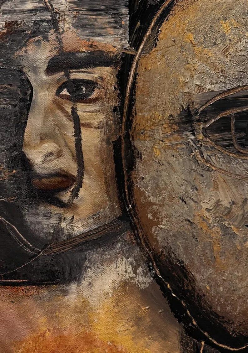 May include: An oil painting on canvas featuring a human face partially obscured by a large, textured circular mask. The color palette consists of deep blacks, earthy browns, and metallic gold tones with visible, thick brushstroke textures.