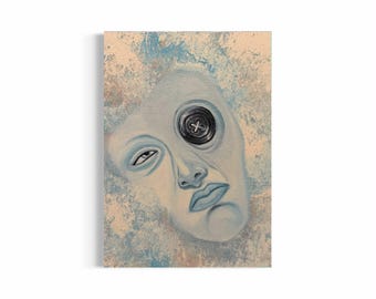 May include: A rectangular canvas painting featuring a pale blue face with one visible eye and a large black button covering the other eye socket. The background is a textured blend of light blue and beige tones, creating a weathered appearance.