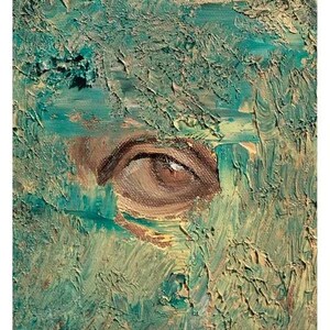 May include: An oil painting on canvas featuring a single brown eye emerging from a heavily textured, impasto-style background of teal, turquoise, and pale yellow paint. The text Merve Heper @mervexheper is printed at the bottom.