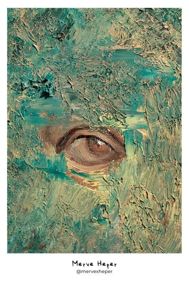 May include: An oil painting on canvas featuring a single brown eye emerging from a heavily textured, impasto-style background of teal, turquoise, and pale yellow paint. The text Merve Heper @mervexheper is printed at the bottom.