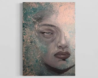 May include: A rectangular canvas painting featuring a portrait of a face rendered in shades of gray, with dark lips and eyes. The background and edges of the face are textured with blended layers of teal, turquoise, and soft peach paint.
