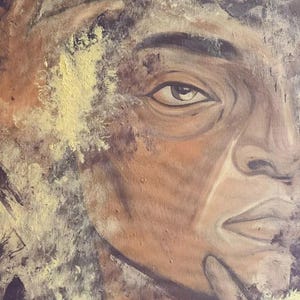 May include: An oil painting on canvas depicting a close-up of a face with textured brushstrokes in shades of brown, tan, and cream. The figure has one hand near the chin and another near the hair, with visible impasto paint application.