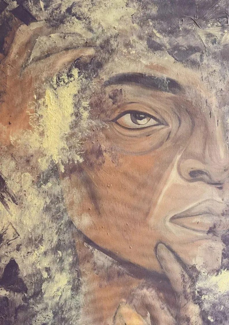 May include: An oil painting on canvas depicting a close-up of a face with textured brushstrokes in shades of brown, tan, and cream. The figure has one hand near the chin and another near the hair, with visible impasto paint application.