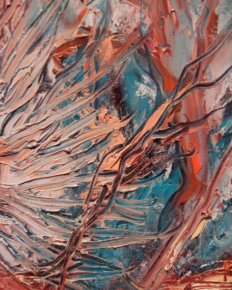 May include: An abstract oil painting featuring thick, textured impasto brushstrokes in shades of peach, coral, and deep teal. The paint is applied in sweeping, layered motions, creating a dynamic surface with visible ridges and depth throughout the canvas.