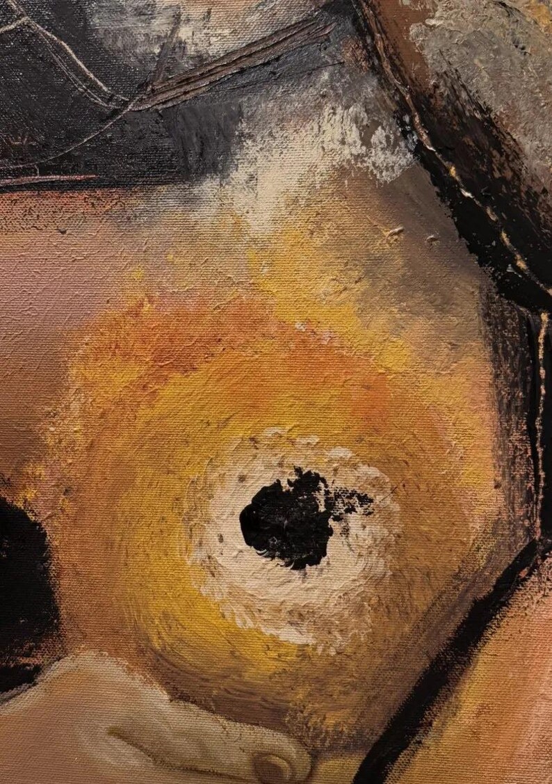 May include: An abstract oil painting on canvas featuring a central circular form in shades of yellow and orange, surrounded by a textured black border. The composition includes thick, visible brushstrokes and a prominent black center point.