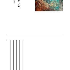 May include: A postcard featuring an abstract oil painting with deep blue, teal, and brown tones. The text reads: veni vidi vici, oil on canvas, 80 x 100 cm, 2026. The lower portion includes a horizontal line and five vertical lines for address.