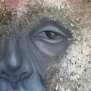 May include: A close-up oil painting on canvas depicting the left side of a face rendered in shades of gray, surrounded by a textured, abstract border of muted pink, white, and earthy green tones that frame the facial features.