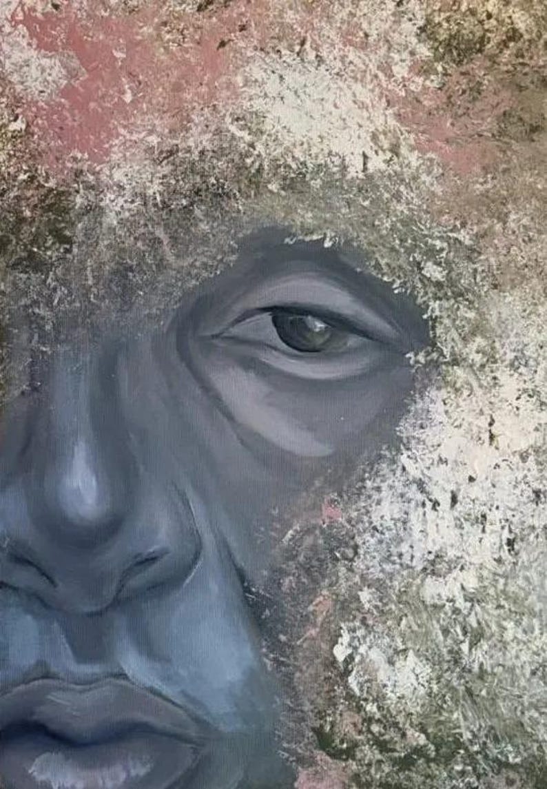 May include: A close-up oil painting on canvas depicting the left side of a face rendered in shades of gray, surrounded by a textured, abstract border of muted pink, white, and earthy green tones that frame the facial features.