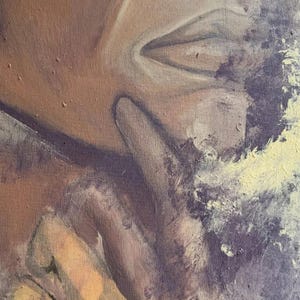 May include: An oil painting on canvas depicting a close-up of a person's face in profile. The subject has brown skin, with a hand resting near the chin. The color palette features shades of brown, tan, and cream, with textured brushstrokes.